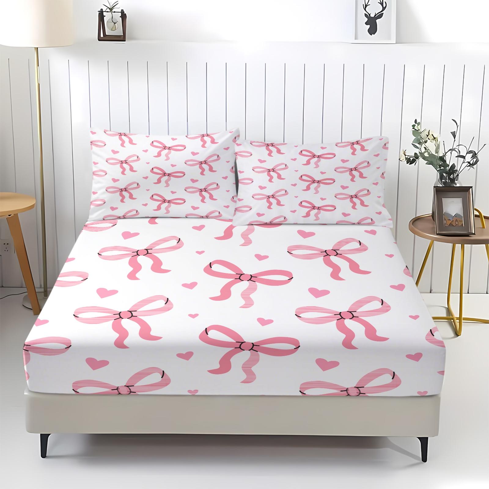 Pink bow bed sheet with comfortable printed pattern, including 1 bed sheet and 2 pillowcases, comfortable bedding, anti slip dust cover suitable for bedrooms and guest rooms, suitable for adult bedroom and guest room decoration gifts, Bed Sheets Set