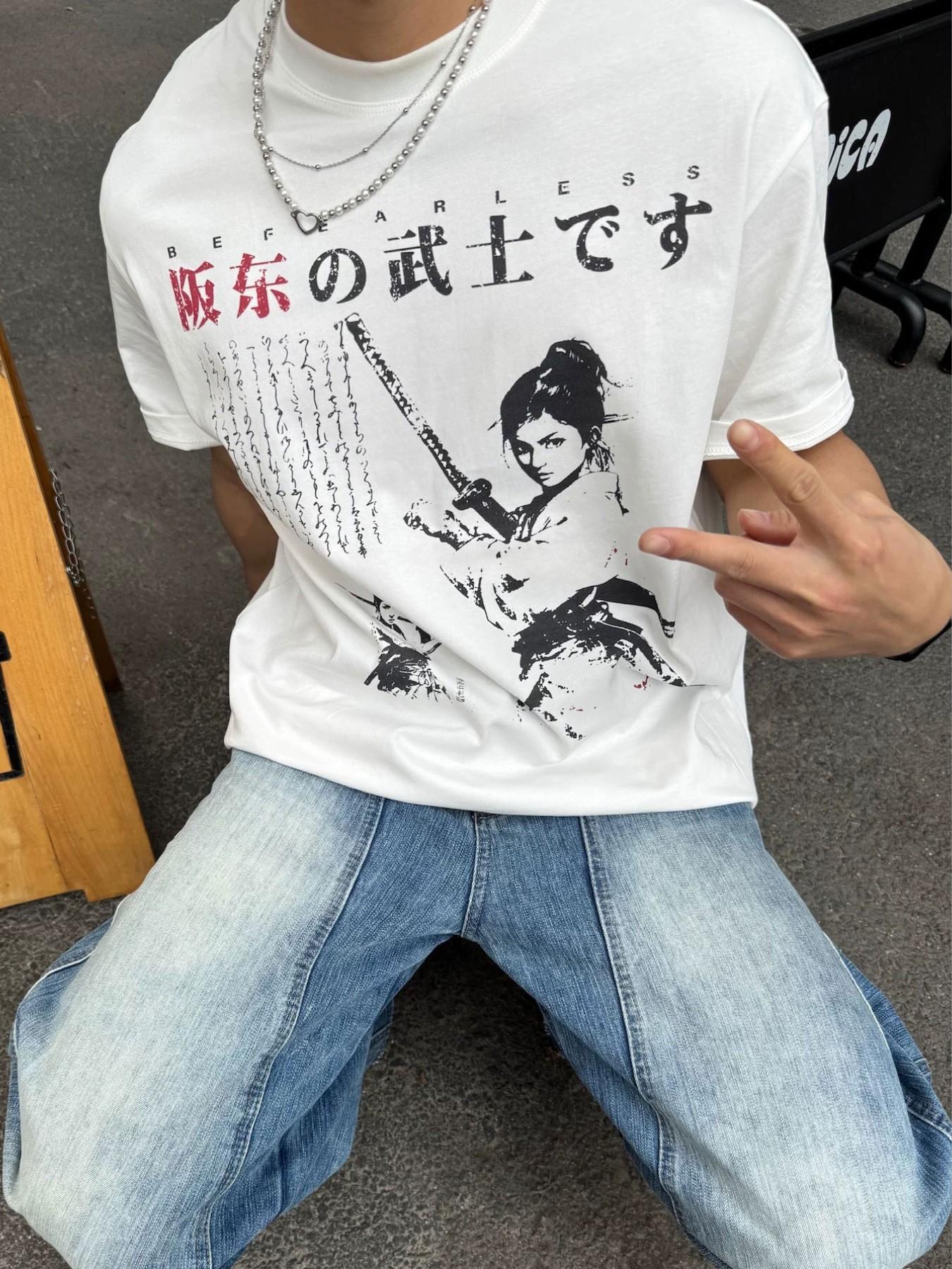 Japanese Style Women's Samurai Print T-Shirt, Streetwear Aesthetic Loose Fit, Long Sleeve Top Without Zipper, Perfect for Casual Wear