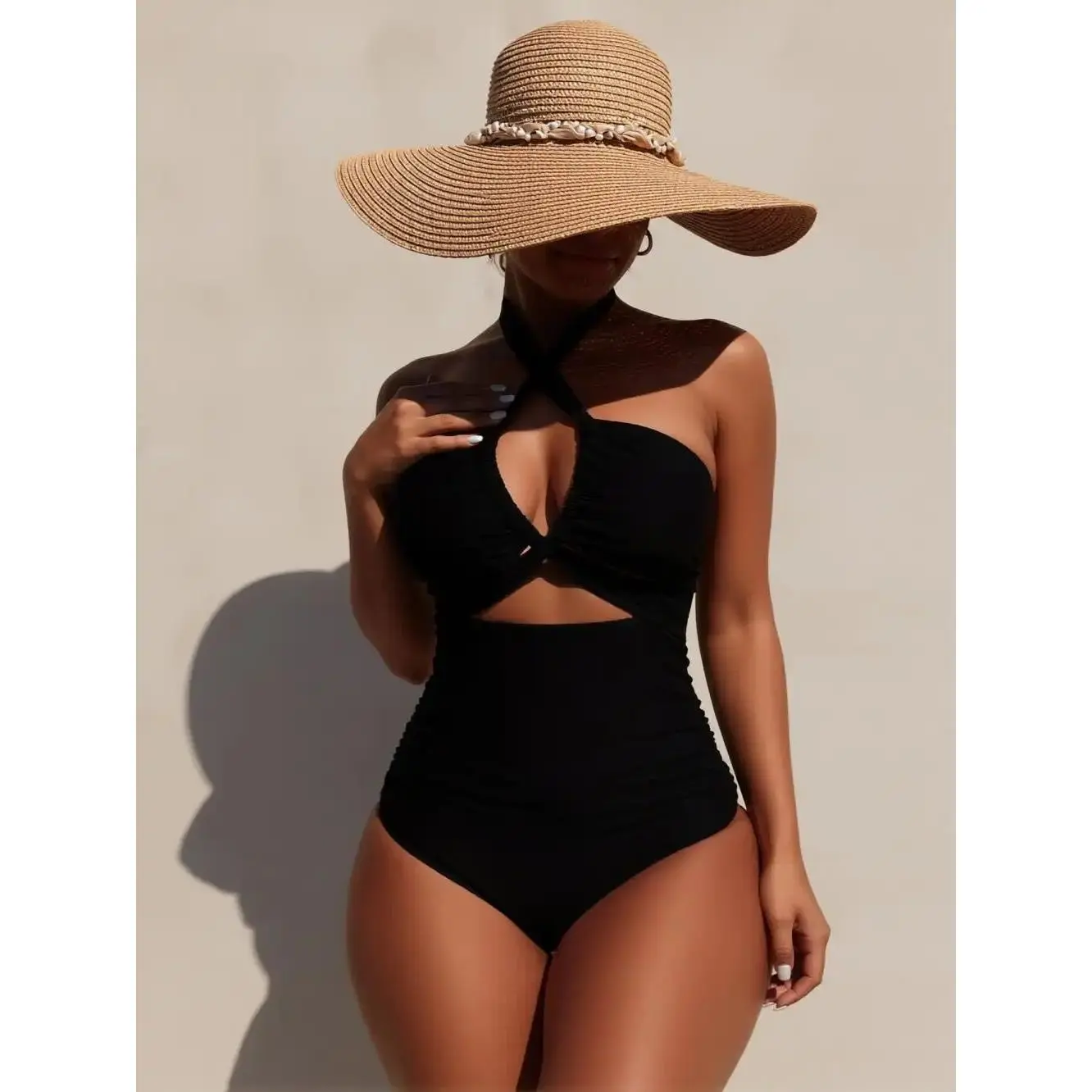 Women's 1-Piece Swimsuit - Elegant Hollow Out Bathing Suit with Cross Hanging Neck, Beautiful Back, Slim Fit Beach Wear for Vacations, Elegant Bathing Suit, Hollow Out Swimsuit