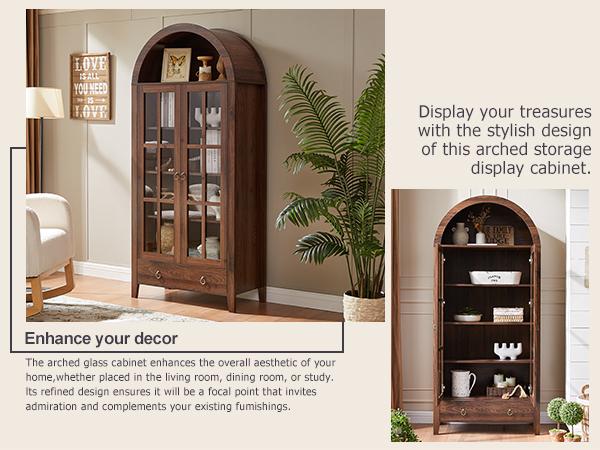 Farmhouse Arched Cabinet with Glass Doors, Wood Display Cabinet with Drawer and Adjustable Shelves, 71” Tall Bookshelf Modern China Storage Kitchen Pantry for Living Room,Office
