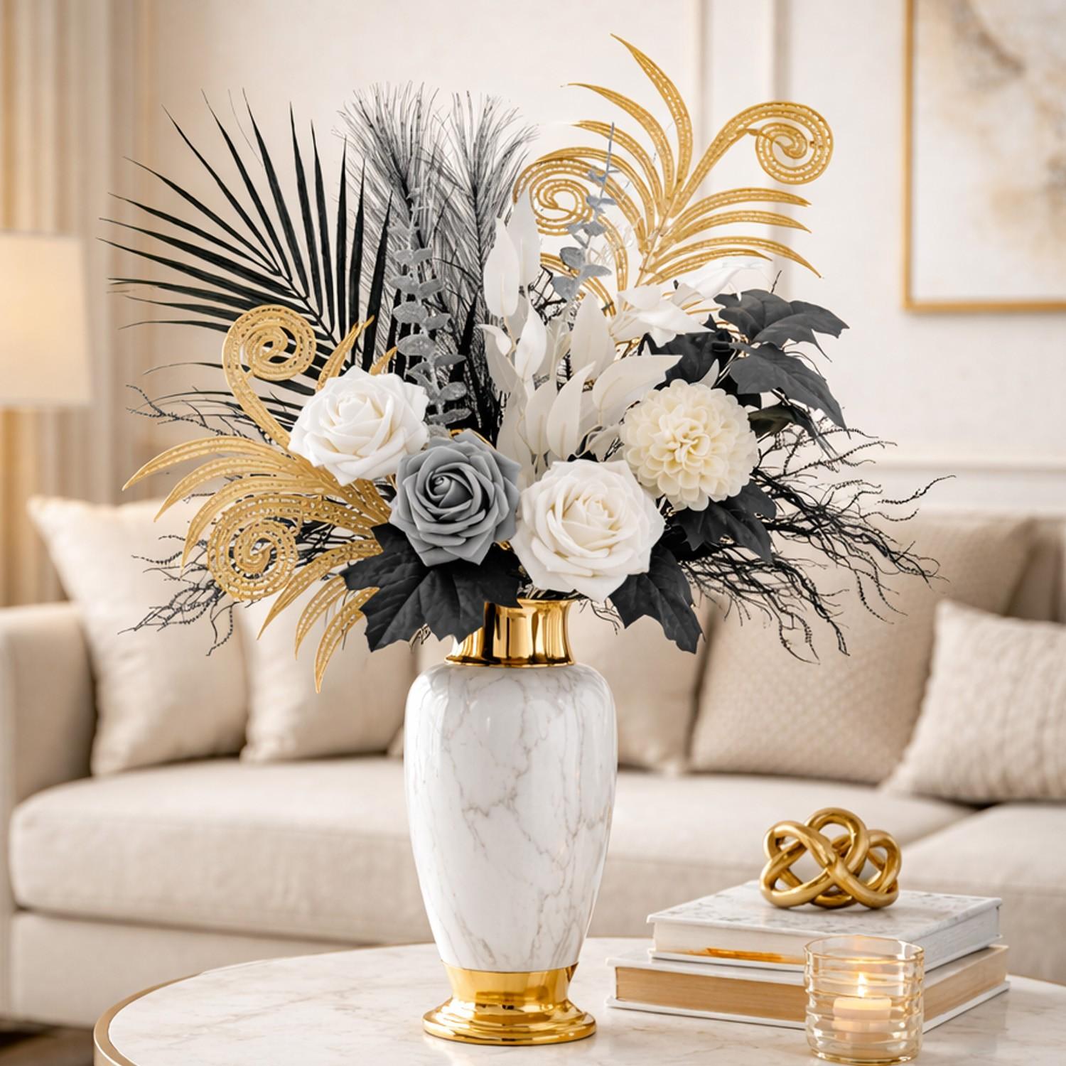 Mixed Floral Arrangement with Roses, Hydrangeas, Willow Leaves, Palm, Eucalyptus, Ideal for Home Decor, Wedding Bouquets, Table Settings