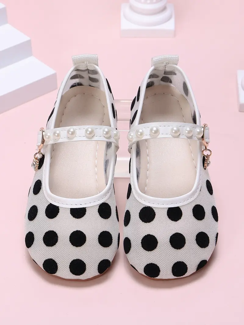 New Kids Polka Dot Mary Jane Shoes, Sweet Princess Style, Pearl Decor, Rhinestone Pendant, Easy Velcro Flat Shoes, Fashionable, Suitable for Vacation, Picnic, Daily Wear