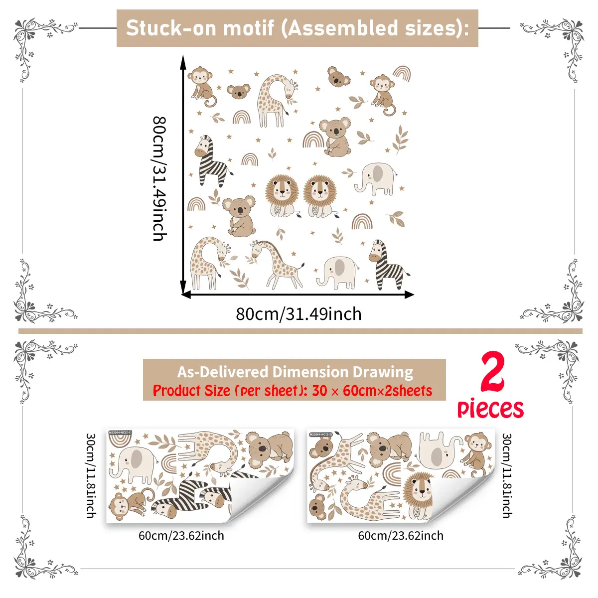 2Pcs Set (3060cm2pcs) Boho Jungle Animals Self-Adhesive Wall Stickers, Versatile Cute Home Wall Decals for Kids Room