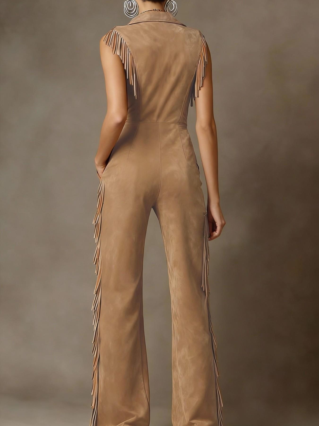 Women's Western Cowgirl Style Fall Summer Brown Faux Suede Jumpsuit, Sleeveless Zip Up Fringe Trim Flattering Fit, For Country Music Festival Rodeo Concert