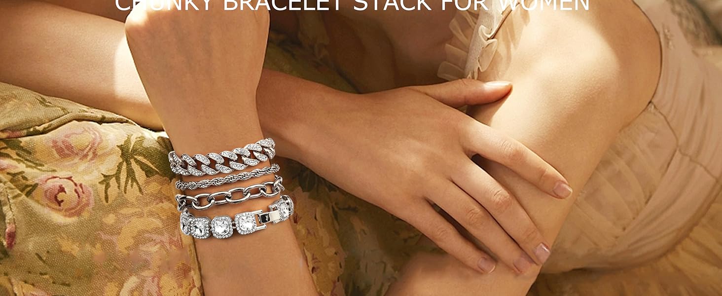 Sanfenly Chunky Gold Silver Bracelets for Women Set 18K Gold Plated Simulated Diamond Tennis Bracelet Rhinestone Cuban Link Chain Bracelet Thick Stainless Steel Punk Bracelet Stack 7&8 Inch