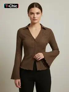 Women's Plain Woven Lettuce Trim Flounce Sleeve Button Front Blouse, Casual Chic Long Sleeve Collared Top for Daily Wear, Ladies Clothes for All Seasons