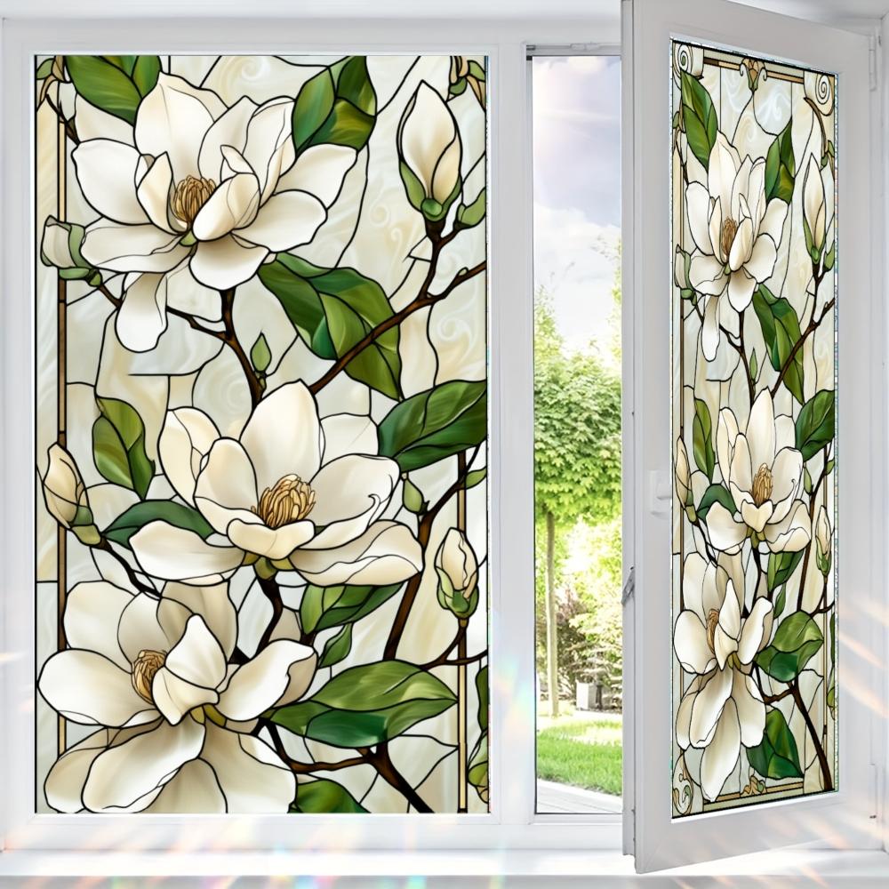 2D Flat Static Cling Magnolia Flower Pattern Rectangular Ornament For Window And Door Decor Removable Flower Window Clings