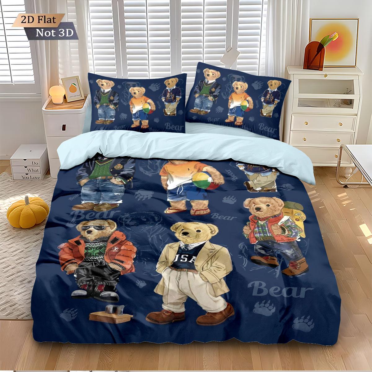 3pcs COOL BEAR Print Soft Bedding Set with Includes 1* Duvet Cover and 2*Pillowcases, No filling，Perfect for Patriotic Bedding Gift, Home Decor, Bedroom Accessories