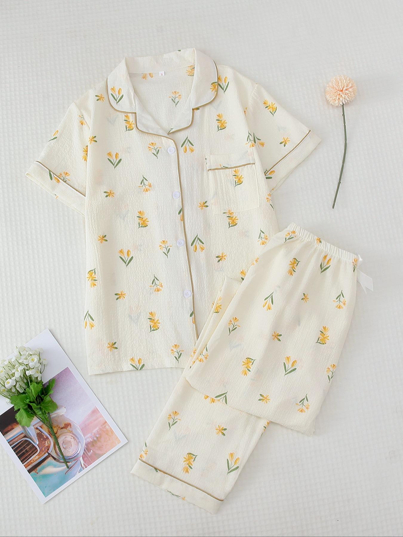 Two-Piece Set Women's All Over Print Pajama Set, Button Front Short Sleeve Shirt & Elastic Waist Pants Lounge Co-ord Set, Summer Outfits 2024, Lady Summer Homewear