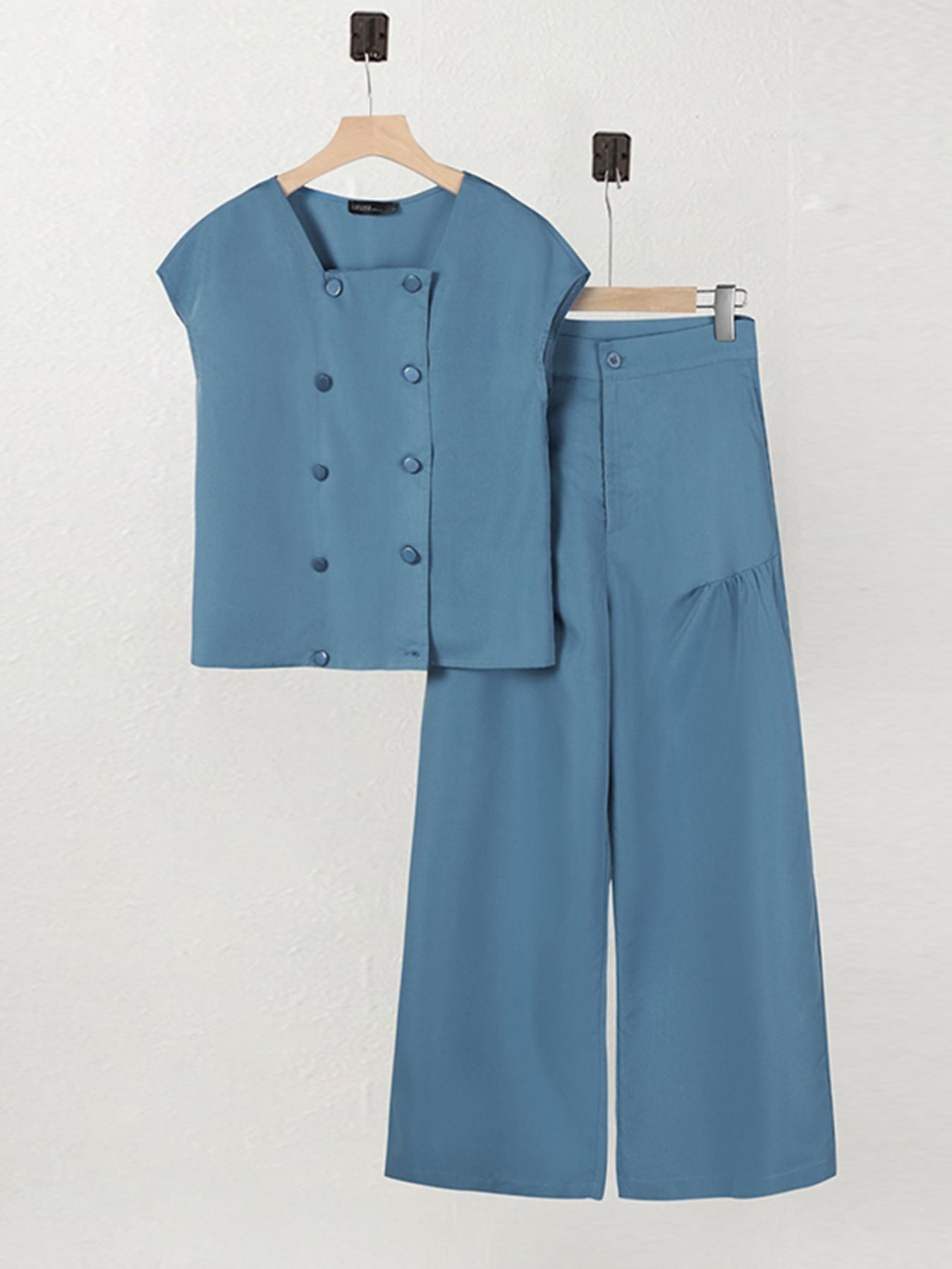 Women's Solid Button Front Top & Wide Leg Pants Two-piece Set, Casual Short Sleeve Top & Pants for Summer, 2 Piece Sets Women, Ladies Clothes for Daily Wear
