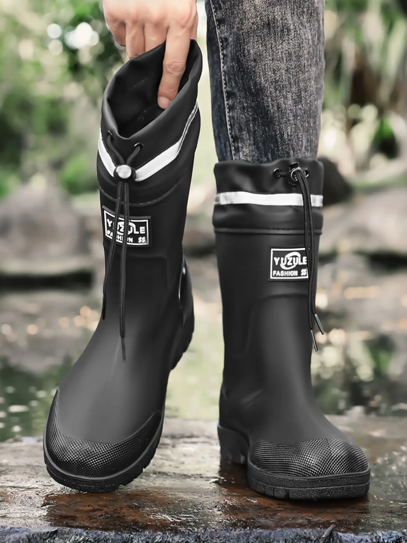 1 Pair Unisex Mid-calf Outdoor Rain Boots Adjustable Cuff Splash Proof Thick Anti-slip Work Sole Versatile Waterproof Shoes For Cycling Hiking Rainy Commute