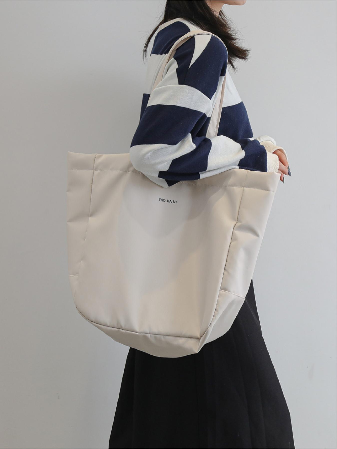 Large capacity drawstring design shoulder bag solid color with letters simple casual tote bag handbag shopping bag travel bag