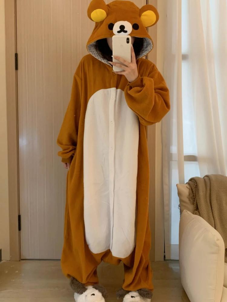 Adult Rilakkuma Kigurumi Bear Sister Onesie - Baggy Longsleeves Loose Polyester Anime Pajama, Oversized Cartoon Jumpsuit Nightwear & Loungewear