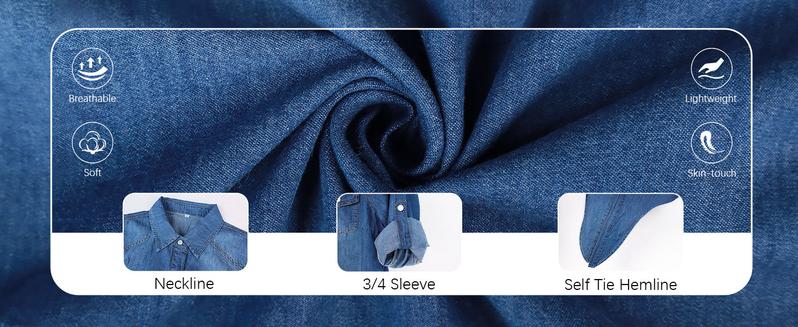 Ommig Women's  Denim Crop Top Tie Knot Shirt 3/4 Sleeve Cardigan