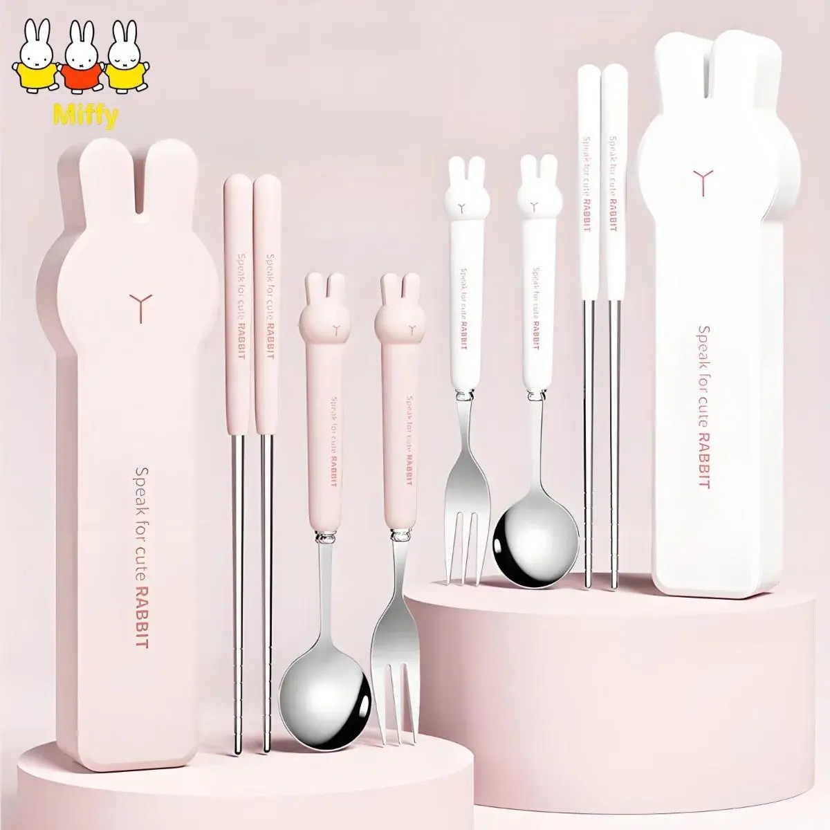 Kawaii Miffy Rabbit Stainless Steel Chopsticks Spoons Portable Tableware Cartoon High Appearance Level Student Tableware Set
