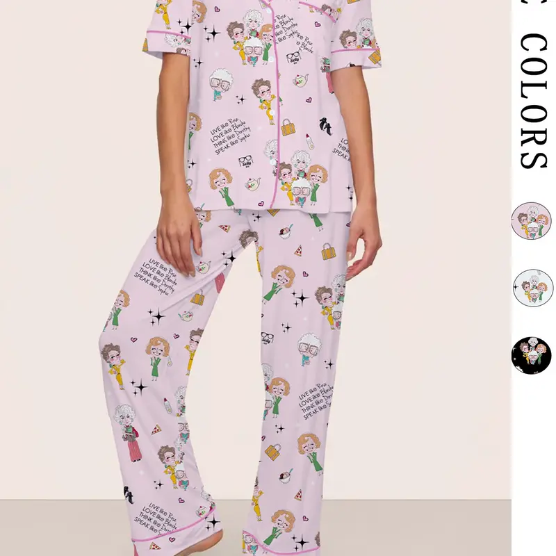 The Golden Girls Pajama Set, All Over Print, Fitted, Casual Style, Comfortable Sleepwear, Party Gift, Home Wear, Lounge Wear Set for All Seasons, Matching Pajamas