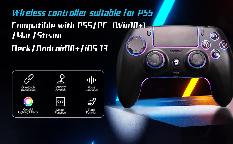 YUYIU Wireless Controller for PS5/Slim/Pro, Windows PC & Smartphone - 3.5mm Audio Jack, Touch Pad, 6-Axis Motion Control, Charging Cable Included, Black Custom Console Accessories, Gaming Items