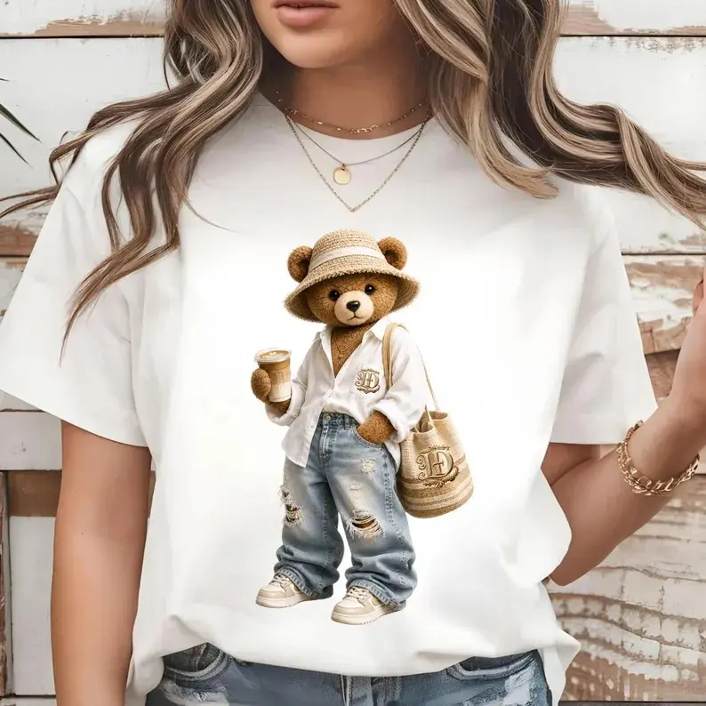 Teddy Bear T-Shirt, Luxury Bear Tee, Coquette Trendy Teddy Graphic Tee, Preppy Bear Shirt, Fashion Bear Tee, Oversized Teddy Shirt