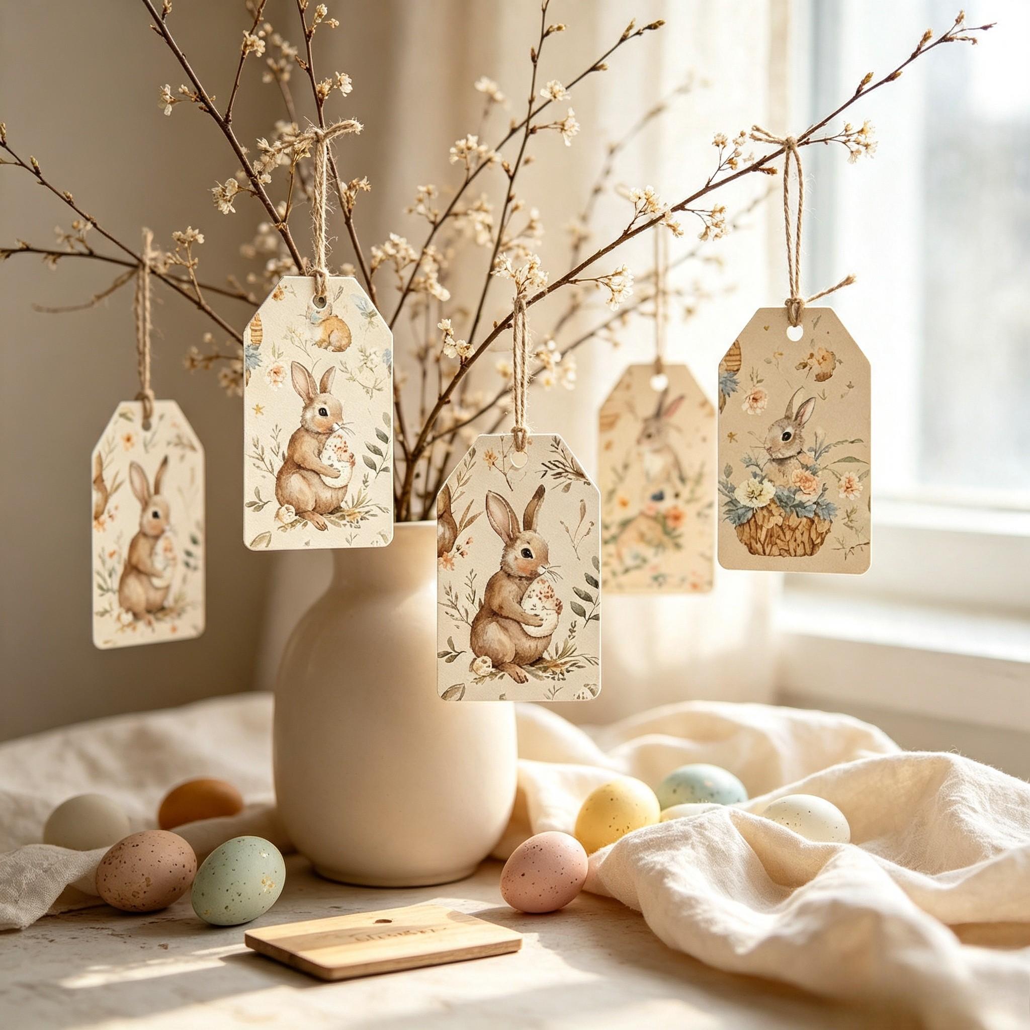 12pcs Watercolor Easter Gift Tags, Cute Bunny & Easter Egg Paper Hang Tags, Spring Gift Wrap Labels, Easter Party Favors