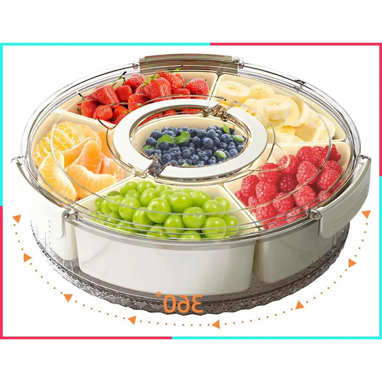 Serving Tray with Lid and Handle, Stackable Snack Box Container for Fruits Candy Organizer, Portable Spinning Rounded Veggie Tray for Kitchen, Party, Travel and Picnic - 1 Pack