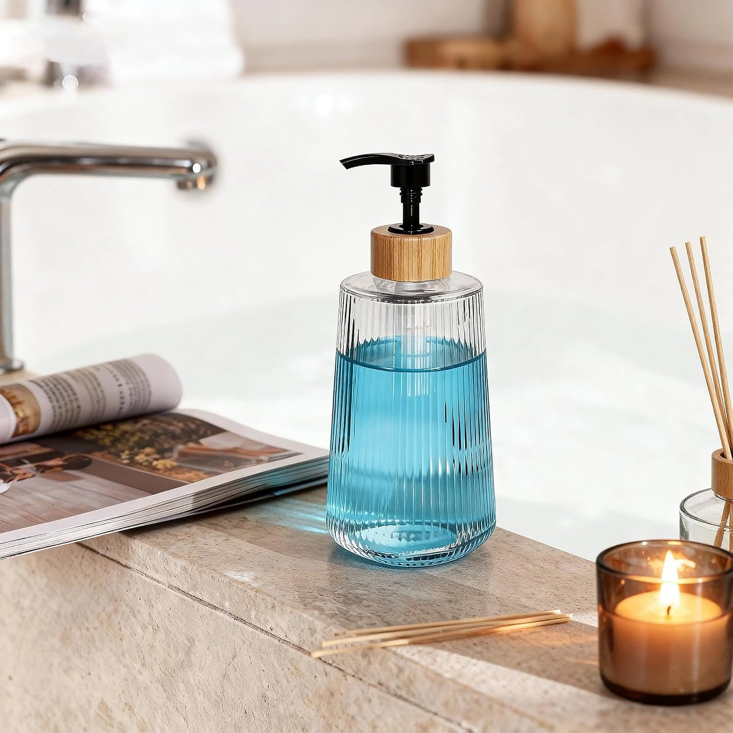 12oz Thick Striped Thick Glass Durable Soap Dispenser with Pump - Single Set Hand Soap/Lotion Bottle for Bathroom, Kitchen, Modern Style (Residential & Commercial Use)