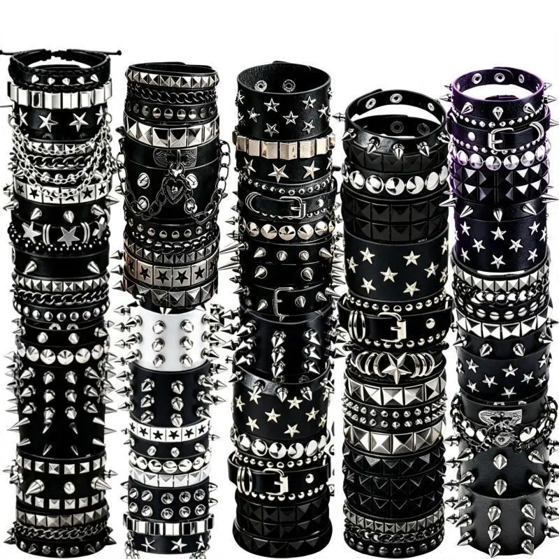 4/6/8/12/15Pcs Vintage PU Leather Bracelet Punk Bracelet Set for Women Men, Gothic Rivet Buckle Adjustable Cuff Black Wristband for Men Women, Perfect for Halloween Gift & Party Wear, Halloween Cosplay Rave Party Costume Jewelry