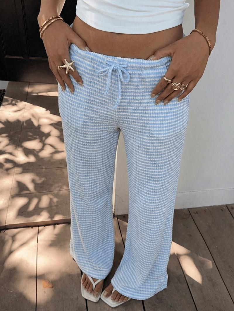 Women's Summer Knitted Striped Drawstring Pocket Casual Loose Wide Leg Pants, Perfect for Daily Wear and Vacations