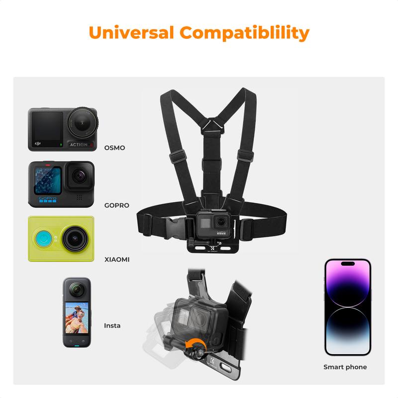 [K&F CONCEPT]Accessories Set for GoPro Hero 13/12/11/10/9/8/7/6/5/4/DJI Osmo Action Series/Pocket 3/2/Insta360 X5/X4/X3, Chest Harness+Backpack Clip+360 Rotating Head Mount and Wrist Strap