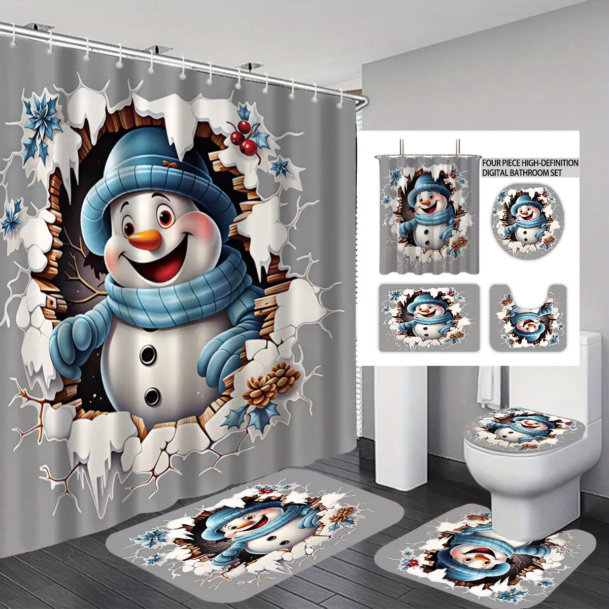 4 Piece Cartoon Snowman Snowflake Bathroom Set With Wall Slogan | Non-Slip Mat, Toilet Seat Cover & Bath Mat, Modern Bathroom Decor with 12 Hooks