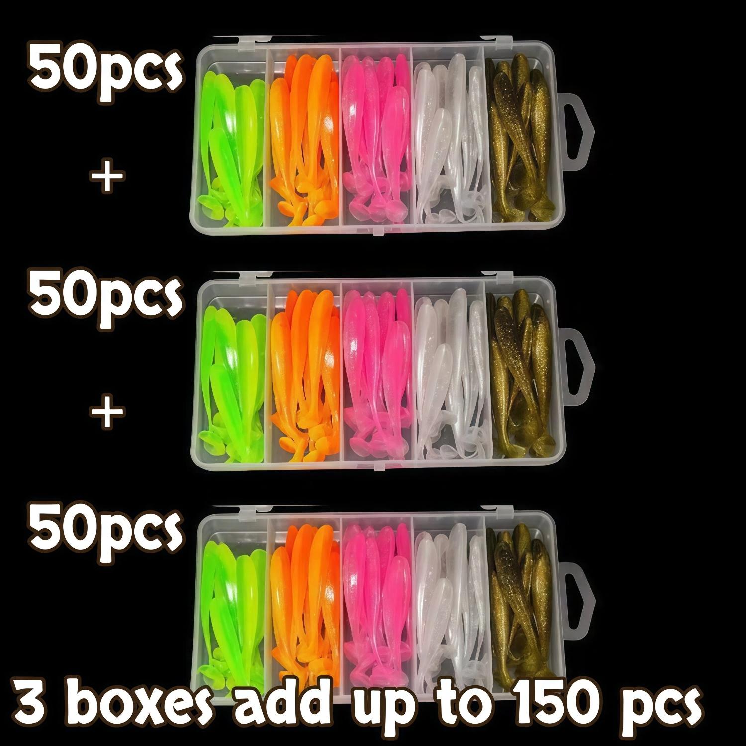 50pcs/100pcs/150pcs Fishing Bait Set, Artificial Fishing Lure, Fishing Lures Kit, Outdoor Fishing T-tail Two-color Bait with Portable Tackle Box, Fishing Tackle Kit