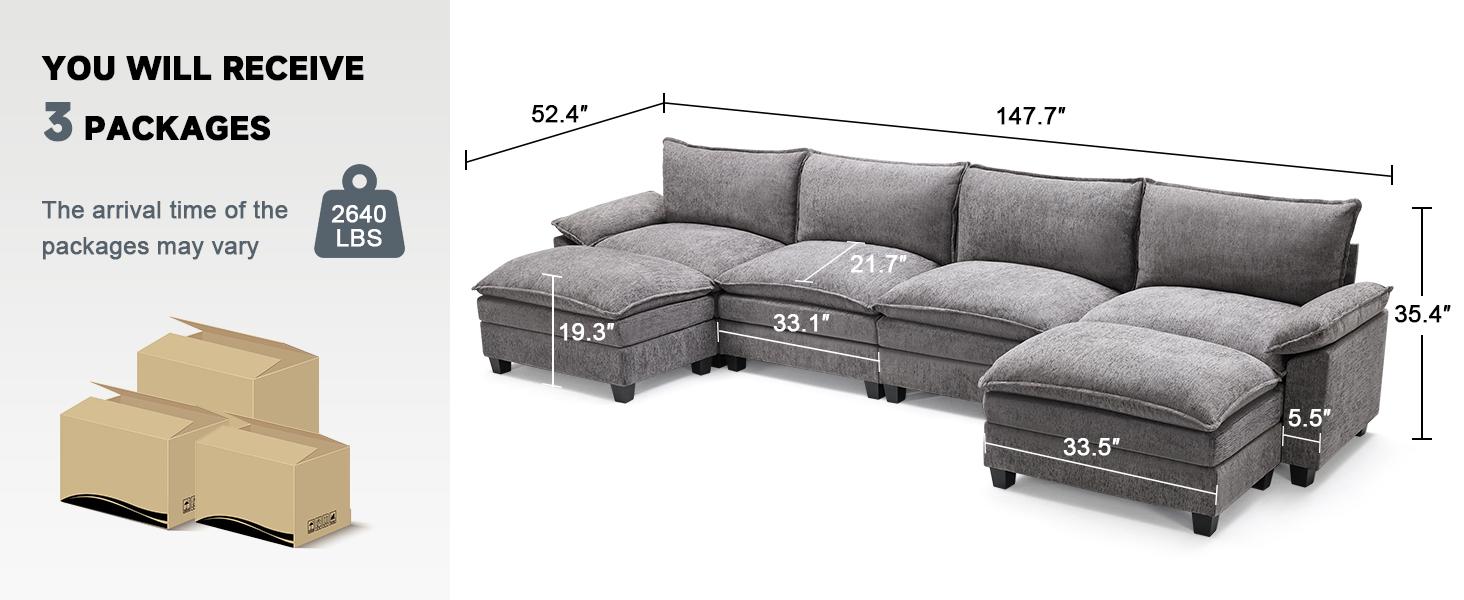 【2-3 Packages】110-143 Inch Modular Couch Sectionals with Ottoman, Big Comfy Cloud Couches, L/U Shaped 4-6 Seat Modular Sectional Sofa, Modern Cloud Sectional Couches for Living Room, Deep Seat Sofa
