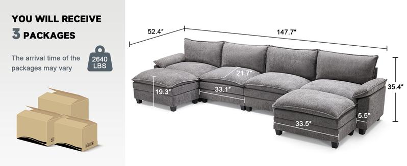 【2-3 Packages】110-143 Inch Modular Couch Sectionals with Ottoman, Big Comfy Cloud Couches, L/U Shaped 4-6 Seat Modular Sectional Sofa, Modern Cloud Sectional Couches for Living Room, Deep Seat Sofa