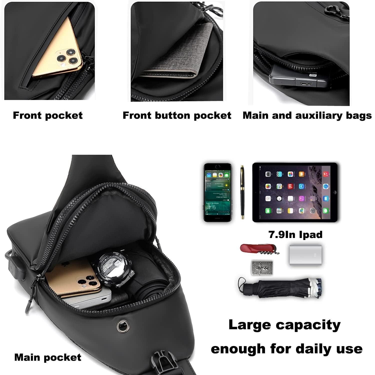 Waterproof Sling Bags Mens Shoulder Crossbody Backpack with USB Charging Port& Headphone jack,Outdoor Lightweight Bag, Durable PU Sling Bag,Zipper Bum Bag SpringStatements Waterproof Sling Bags Mens Shoulder Crossbody Backpack with USB Charging Port& Headphone jack,Outdoor Lightweight Bag, Durable PU Sling Bag,Zipper Bum Bag SpringStatements