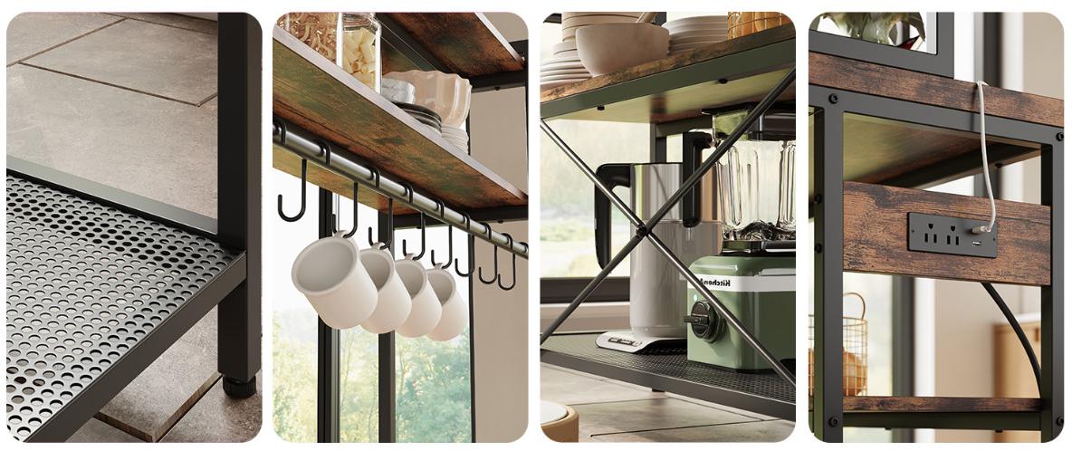 IRONCK Kitchen Island with 2 Stools, Bakers Rack with Power Outlet, Large Kitchen Island Table with Shelves, Coffee Bar Table Set for Kitchen Dining Room, 10 Hooks