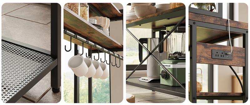 IRONCK Kitchen Island with 2 Stools, Bakers Rack with Power Outlet, Large Kitchen Island Table with Shelves, Coffee Bar Table Set for Kitchen Dining Room, 10 Hooks