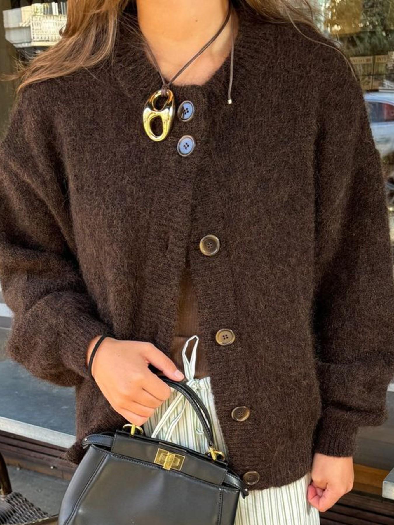 Autumn Winter New Retro Round Neck Solid Color Short Knitted Cardigan, Loose Long Sleeve Button Front Sweater Coat, Casual Daily Wear Women's Top