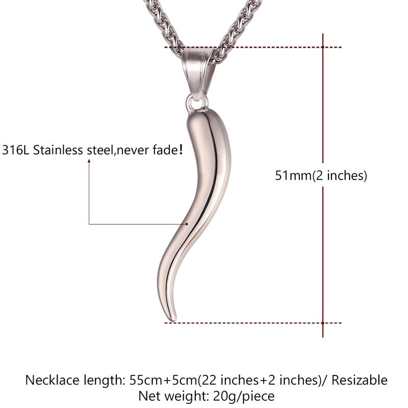 U7 Italian Horn Pendant for Men Women Cornicello Necklace 316L Stainless Steel Men Jewelry