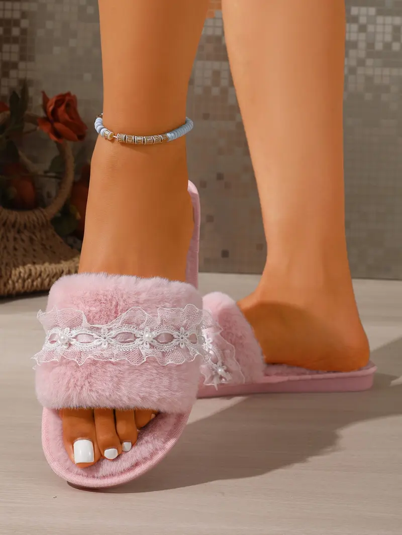 New Lace Plush Slippers, Girl's Heartfelt Home One-Strap Slippers, Princess Style Pearl Lace Plush Slippers, Fashionable and Cozy