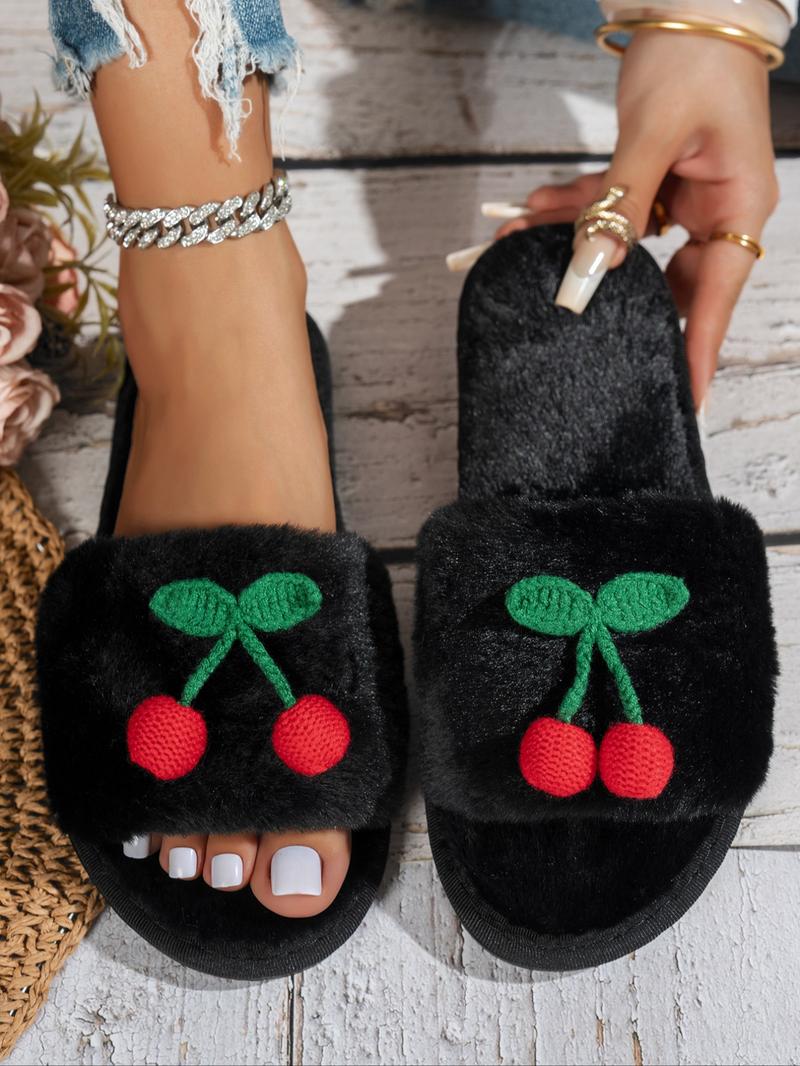 Women's Plush Anti-Slip Home Slippers, Bowknot Cherry Decorations, Textile Upper, All Seasons Comfortable Shoes, Christmas Gifts For GF, Bowknot Design Slippers