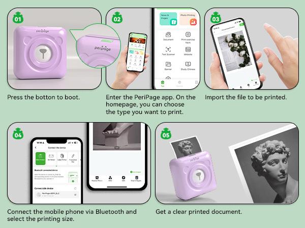 PeriPage Mini Portable Bluetooth Thermal Printer A6 Mini Study Printer & Full Sticky Thermal Paper, Waterproof, Oil proof, BPA Toxic Free Printing,Children's puzzle props Printer