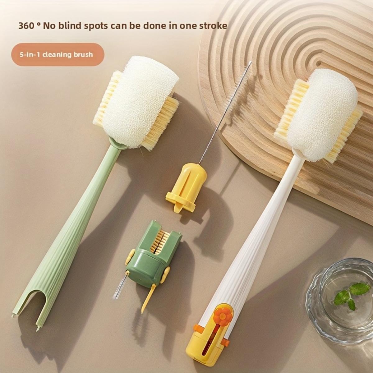 Long-handled Cup Brush Set - Multi-functional Cleaning Tool, Safe Sponge and Stiff Bristle Heads for Bottles/Lids, Detachable Deep Cleaning Dish Scrubber