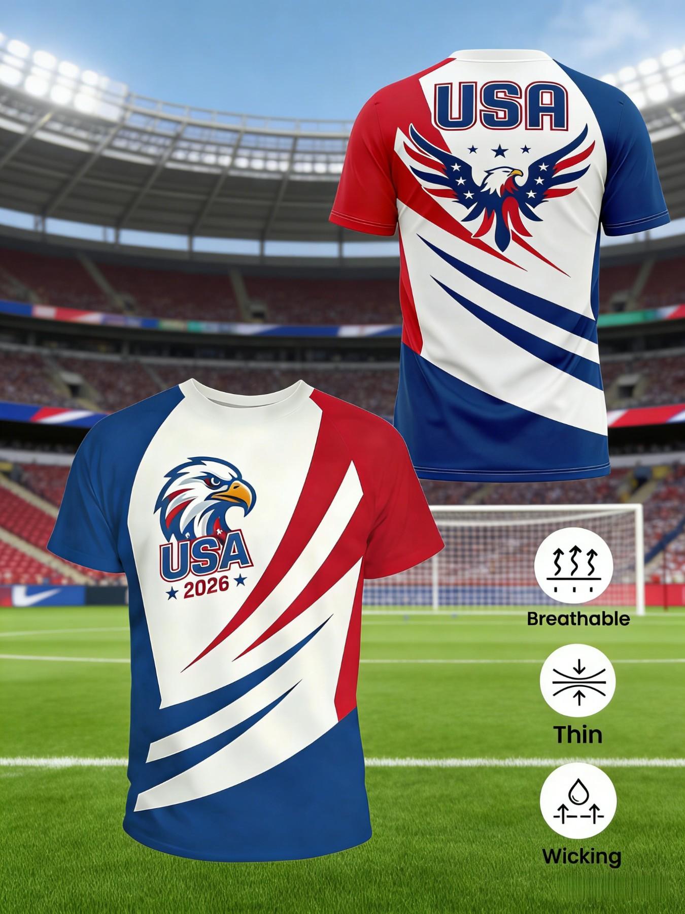 Men's 2026 Usa Soccer Jersey, Quick-Dry Breathable Football T-Shirt, Fan Support Wear for Daily Use and Outdoor Sports, Lightweight Jersey