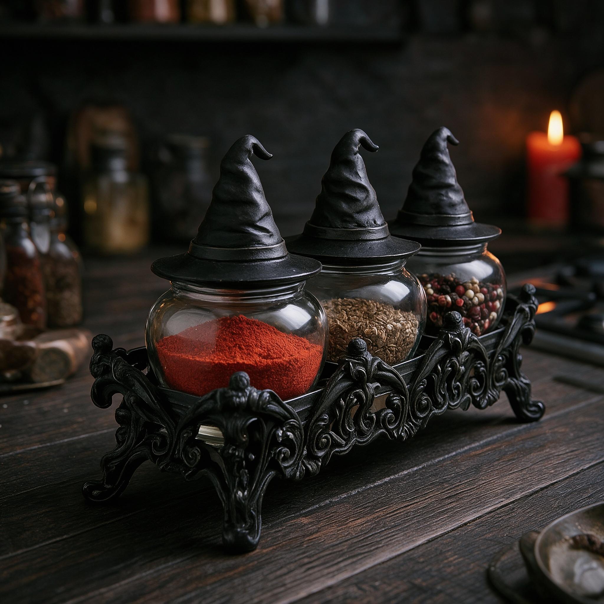 Three Witch Potion Jar Spice Storage Set Gothic Jar Bodies with Handmade Vintage Glass Witch Hat Lids, It Balances Decorative Appeal And Practicality, Serving As Ideal Gifts for Halloween And Easter, And Is Suitable for Gothic-themed Kitchens.