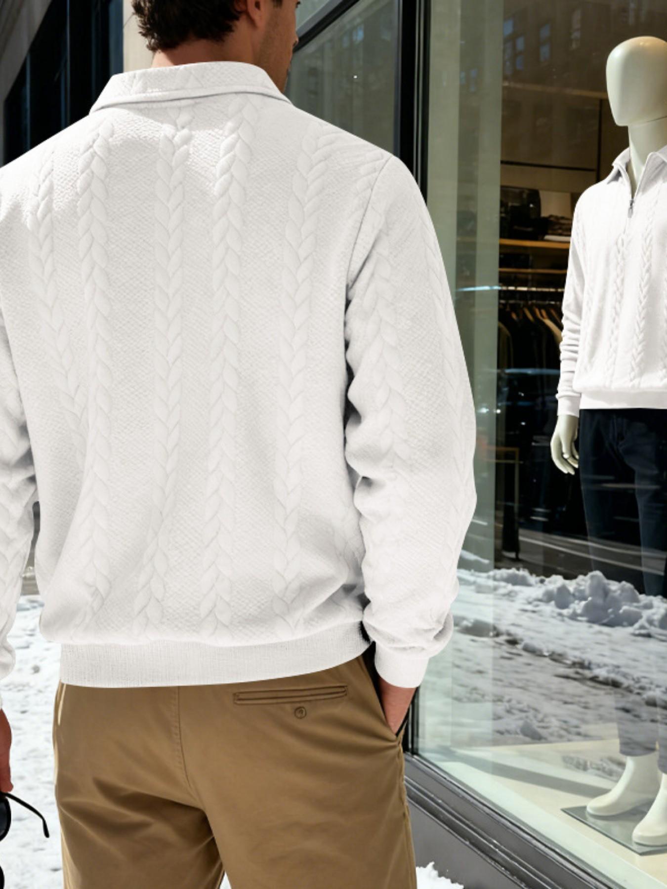 Men's Cable Knit Quarter Zip Polo Sweatshirt, Leather Label Long Sleeve, Casual Pullover, Soft Knit Jumper for Business Casual