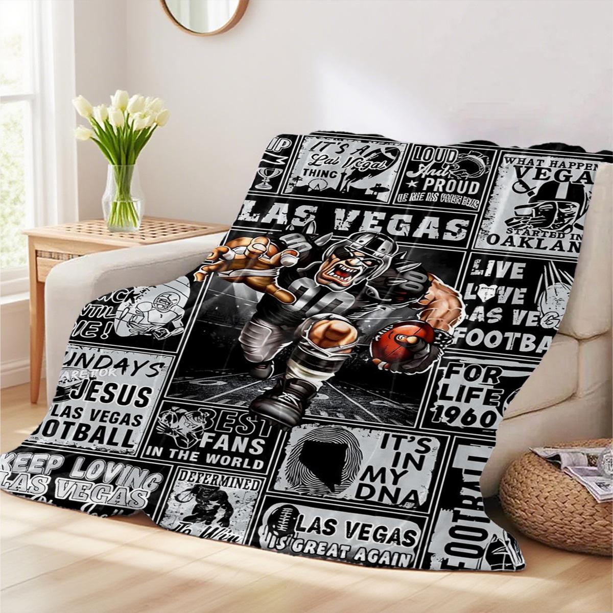 Vintage Las Vegas Football Flannel Figure Print Blanket, Retro Sports Poster Style Throw with Raiders - Inspired Graphics, “I’ll Bleed Silver & Black”, “Sundays Jesus & Football” Slogans for Fans, Soft, Heartfelt Gift Blanket