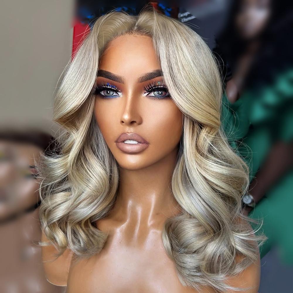 Ash Blonde Loose Body Wave Bob Lace Frontal Human Hair Wigs HD Transparent Lace Ash Blonde Bob Milk Tea Natural Wave Pure Luxury Virgin Human Hair Wig 13X4 Lace Front Glueless Pre Plucked With Baby Hair