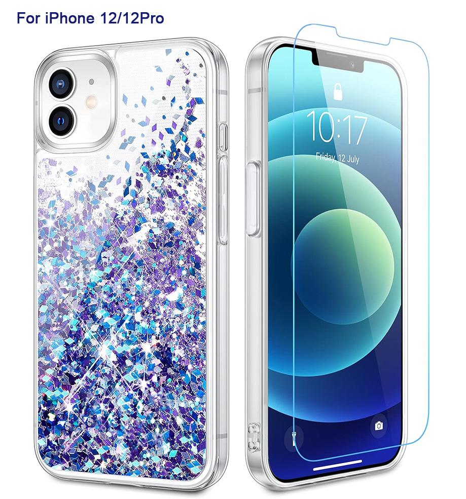Phone case for iPhone 16 15 14 13 12 12Pro 11Protection Case, iPhone 6/6S/7/8 Case, iPhone SE 2022 Case, Glitter Case with Screen Protector, Full Body Rugged Liquid Shockproof Soft TPU Protective Phone Cover