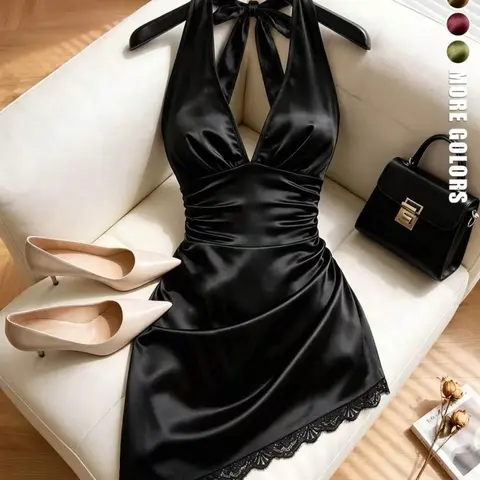 European Style Halter Strap Short Dress Women, Sexy Deep V Satin Bodycon Pencil Skirt, Lace Hem Mini Dress for Dates and Parties
