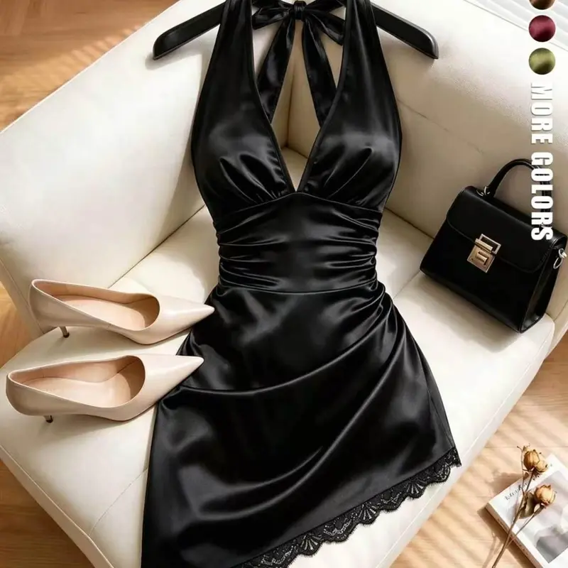 European Style Halter Strap Short Dress Women, Sexy Deep V Satin Bodycon Pencil Skirt, Lace Hem Mini Dress for Dates and Parties