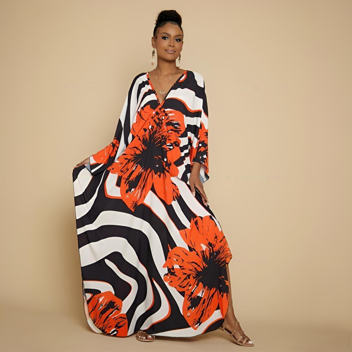 Bsubseach Women Ethnic Print Kaftan Dress ，Plus Size All Over Print  Sleeve TunicDress, Boho Casual V Neck 3/4 Sleeve TunicDress for Women, Women's Plus Cover Up,Mrs. Roper Kaftan ，bubu，mumu，Casual Womenswear Summer Bohemian Tangerine Hibiscus